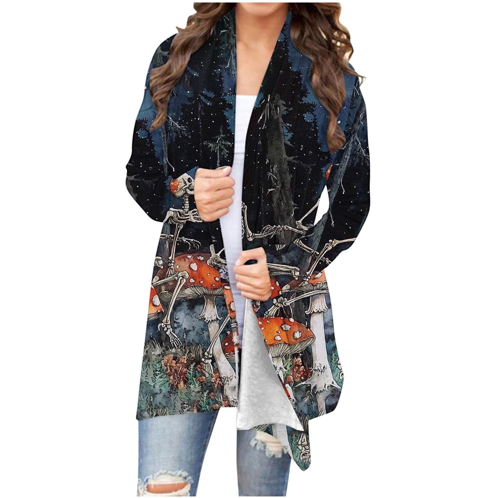 Black Skeleton Print Loose Fit Long for Ladies Winter Fall Spandex ...