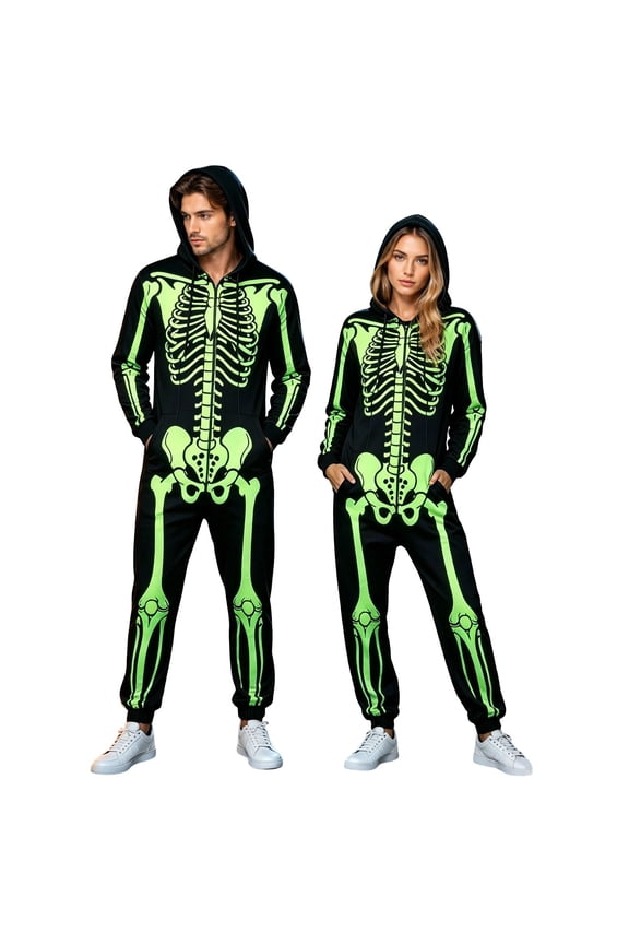 Black Skeleton Printed Jumpsuit Costume, Men's bone-printed skeleton Zip Suit, Breathable Air-Layer Polyester, Sizes S–X