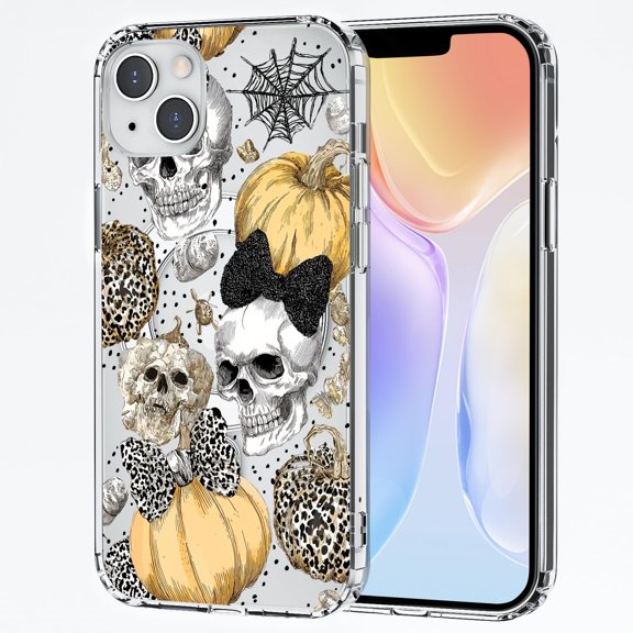 Black Skeleton Pumpkin Case for iPhone 14 Pro Max Halloween Horror Print Clear Phone Cover Compatible with Mag Safe Wireless Slim Goth Skull Shell NoYellow Shockproof Protective