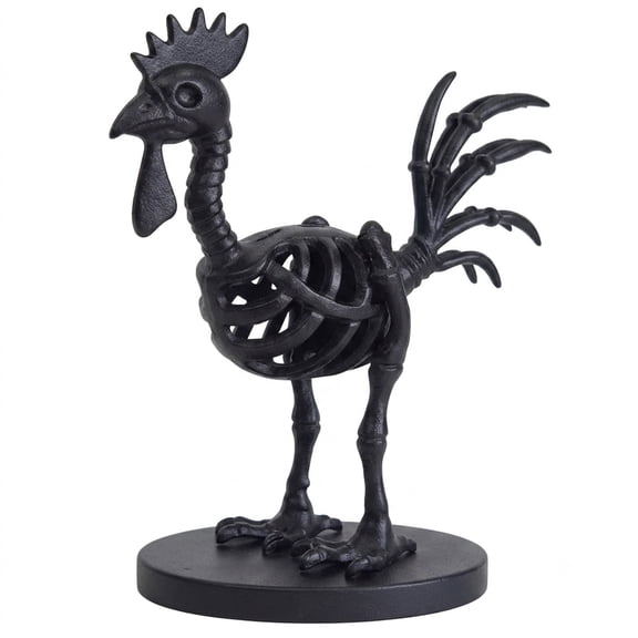 Black Skeleton Rooster Figurine With Round Base, Full Chicken Bone Statue, Gothic Spooky Animal Skeleton Tabletop Ornament For Halloween Farmhouse Decor Black