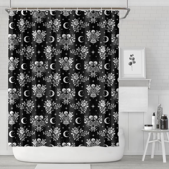 Black Skeleton Rose Moon Pattern Shower Curtain 84"x72" ,Bathroom Decorative Shower Curtains Set with 12 Hooks,Modern Waterproof Washable Shower Curtain