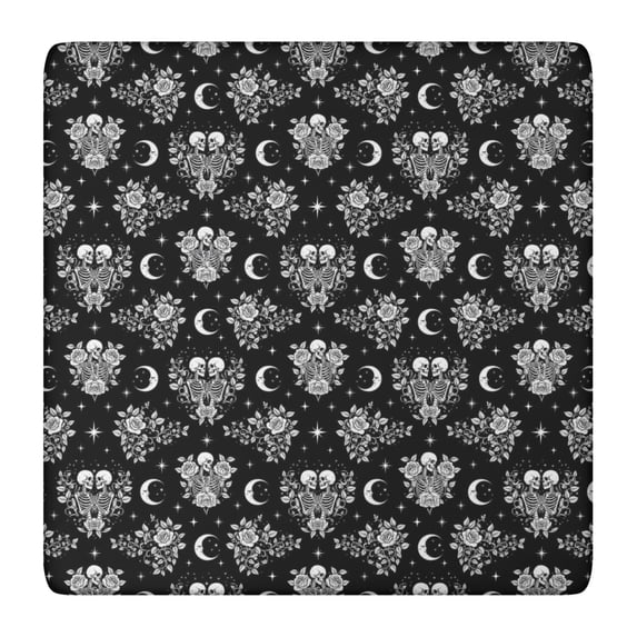 Black Skeleton Rose Moon Pattern Square Fitted Tablecloth with Elastic Edge,Square Table Cover,Washable Elastic Table Cover for Home Kitchen Party Decor 36"x36"