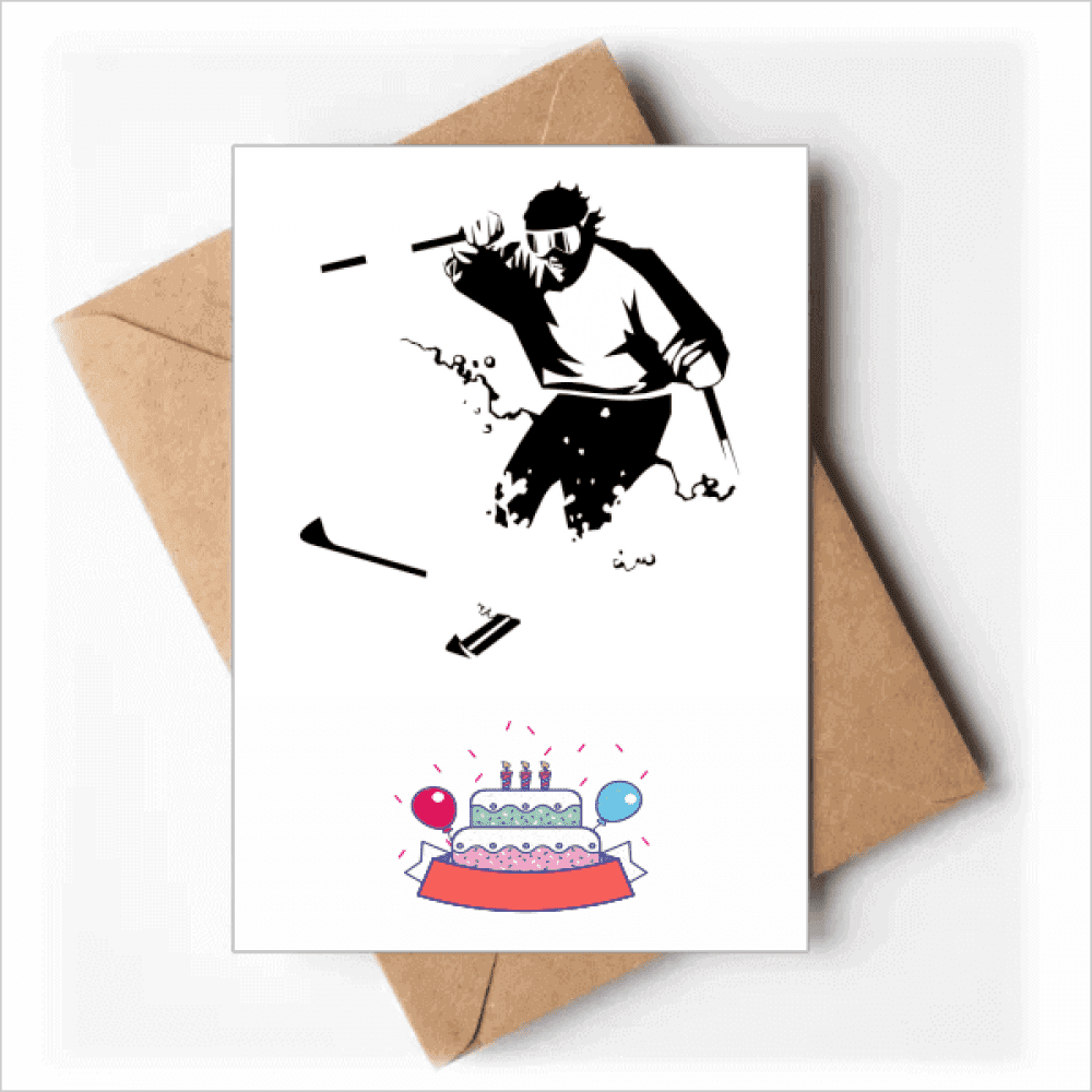Black Skiing Winter Sport Illustration Happy Birthday Greeting Cards Envelopes Blank
