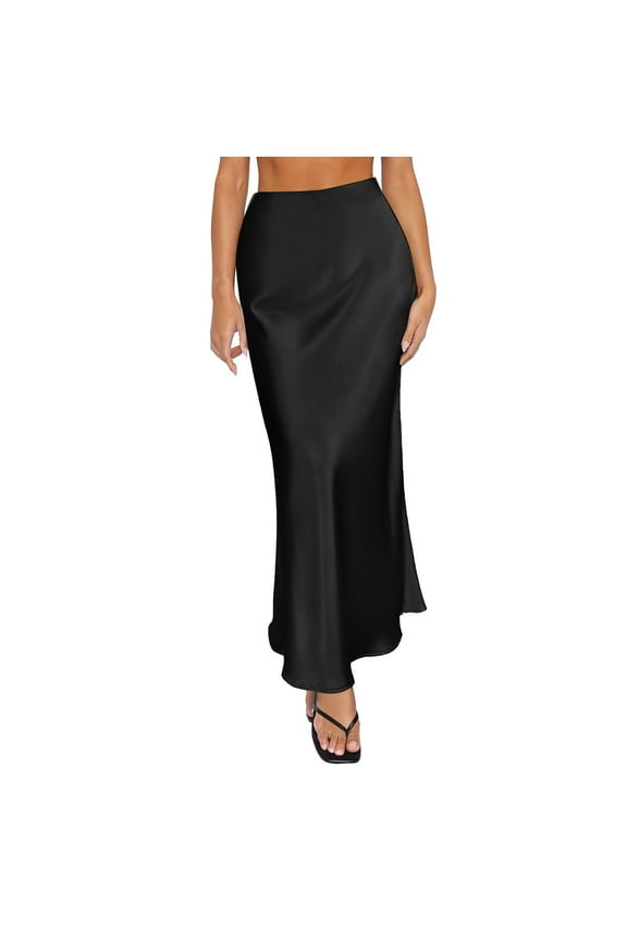 Black Skirts for Women Spring Summer Skirts Satin Skirt High Waisted Maxi Cocktail Party Wedding A Line Long Skirts Midi Skirt