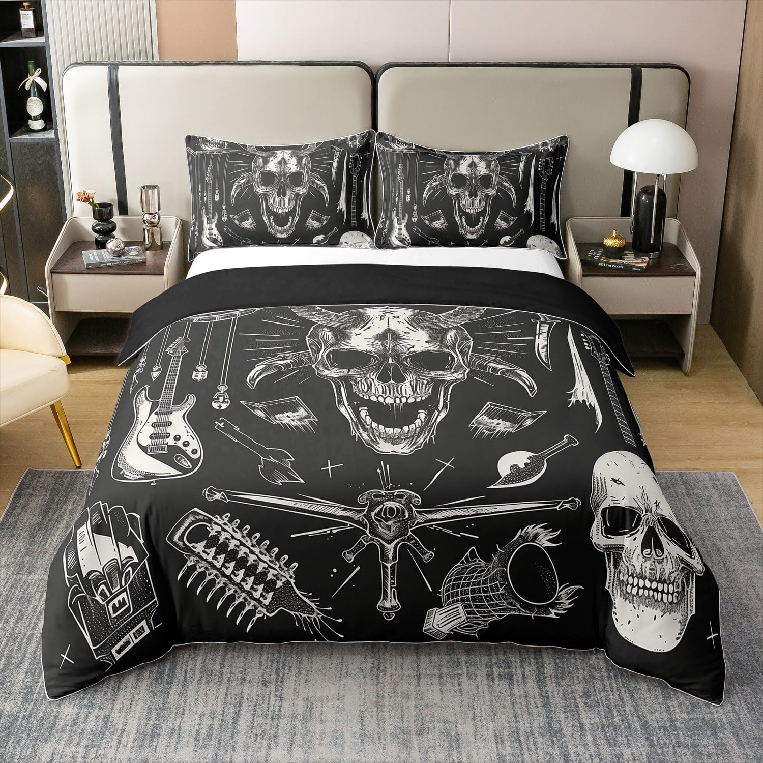 Black Skull 100% Natural Cotton Duvet Cover Twin, Horn Demon Comforter ...