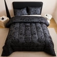 thumbnail image 1 of Black Skull & Damask Print Reversible Comforter Set - Gothic Bedding with Matching Pillow Shams, All-Season , Queen/King Size, 1 of 4
