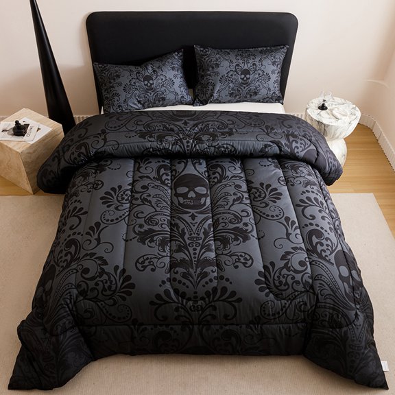 Black Skull & Damask Print Reversible Comforter Set - Gothic Bedding with Matching Pillow Shams, All-Season , Queen/King Size
