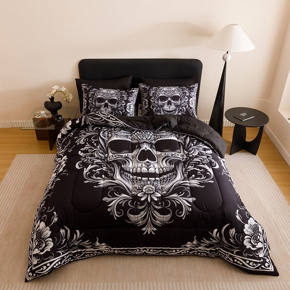 Black Skull & Damask Print Reversible Comforter Set - Gothic Bedding with Matching Pillow Shams, All-Season , Queen/King Size