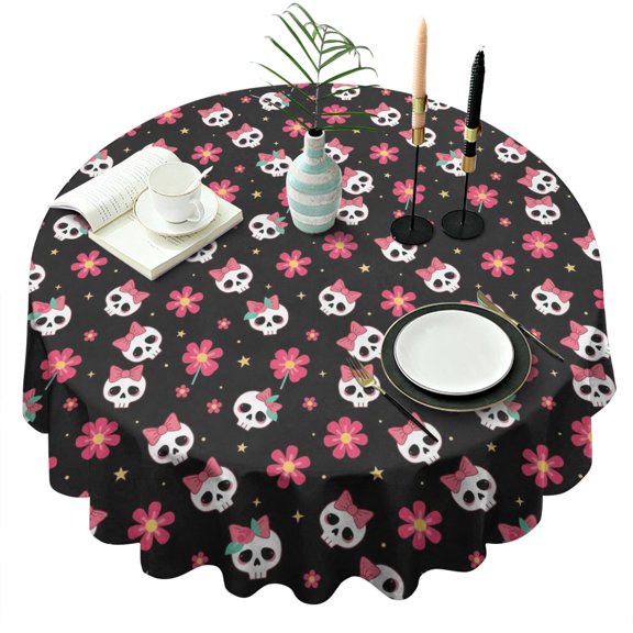 Black Skull Flower Bow Pattern Round Tablecloth 60"x60",Wrinkle Wipeable Table Cloth for Kitchen Dining Room Picnic Patio Party