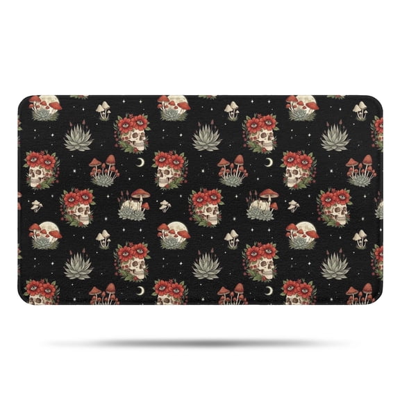 Black Skull Flower Mushroom Pattern Bathroom Rugs Mat,Non Slip Microfiber Bathroom Rug,Rubber Backing,Soft Bathroom Mats for Bathroom Floor,Tub and Shower,17x30in(43x75cm)