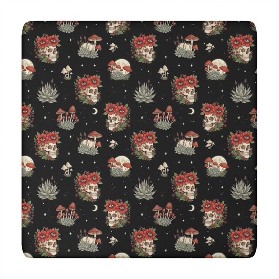 Black Skull Flower Mushroom Pattern Square Fitted Tablecloth with Elastic Edge,Square Table Cover,Washable Elastic Table Cover for Home Kitchen Party Decor 34"x34"