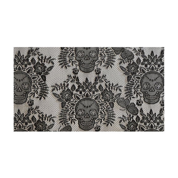 Black Skull Lace Fabric, 39.3x86.6 Inches Non-Stretch Fabric Lace, Floral Lace Fabric for Halloween Party, DIY Wedding Tablecloth, Curtains, Party Overlay, Home Decor