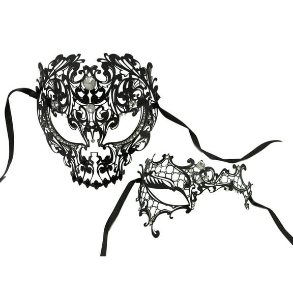 Black Skull Man Woman Couples Halloween Venetian Masquerade Metal Masks Set