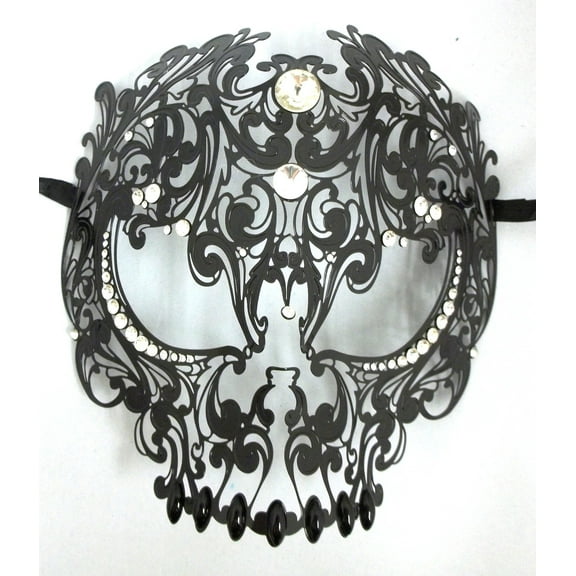 Black Skull Metal Laser Cut Masquerade Prom Mask Clear Crystals