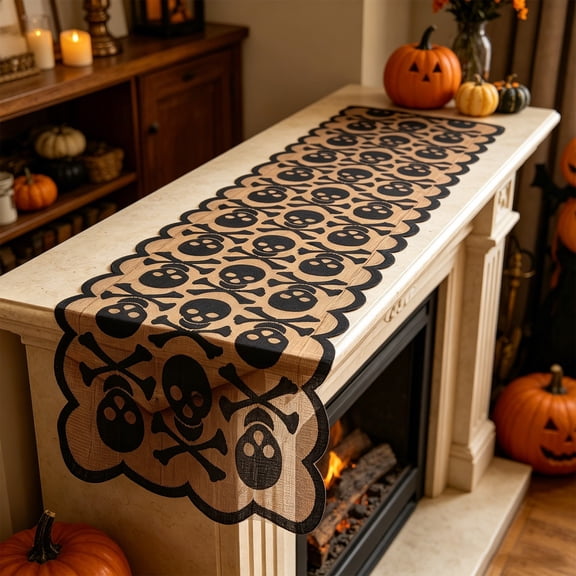 Black Skull Pattern Halloween Table Runner, Spooky Hallow's Eve Decorative Table Cover, Durable Washable Runner for Kitchen Dining Table, Halloween Party and Household Decor