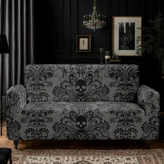 Black Skull Pattern Microfiber Sofa Slipcover, 1-4 Seater Digital Print