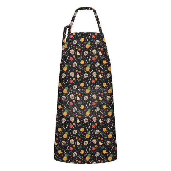 Black Skull Pineapple Flower Pattern Apron-Garden Aprons for Women with Pockets-Cotton Linen Waterproof Kitchen Cooking Gardening Aprons Adjustable for Kitchen,Cooking,BBQ and Salon 33x27 Inch