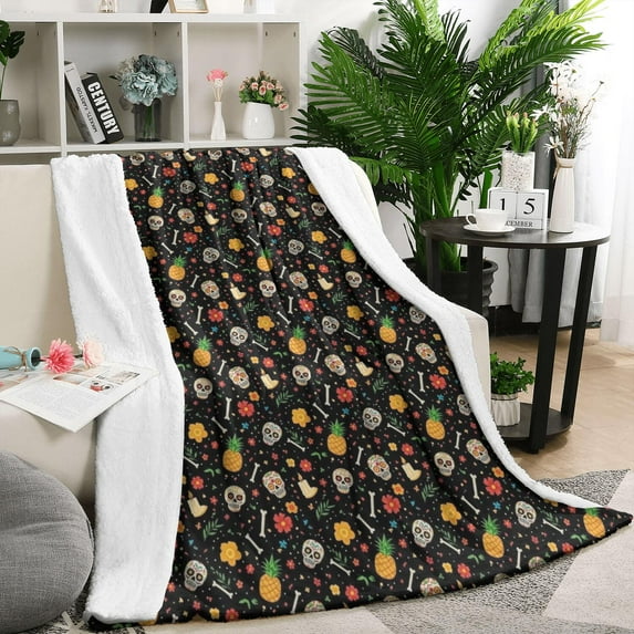 Black Skull Pineapple Flower Pattern Blanket,Comfortable Soft Flannel Throw Blanket,All Season,Warm Lightweight Blankets for Sofa Bed Couch Living Room Chair,50"x60"