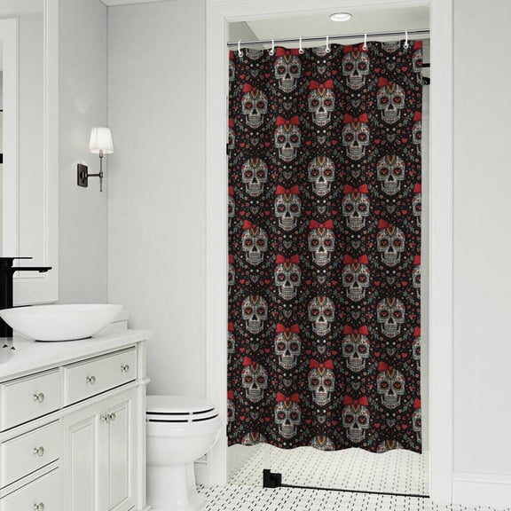 Black Skull Red Bow Pattern Shower Curtain 36"x72" ,Bathroom Decorative Shower Curtains Set with 12 Hooks,Modern Waterproof Washable Shower Curtain