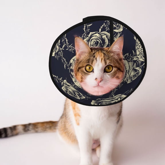 Black Skull Roses Cool Soft Pet Recovery Collar for Cats Small Dogs, Protective Elizabeth Collar for Post-Surgery, Anti-Lick & Anti-Scratch