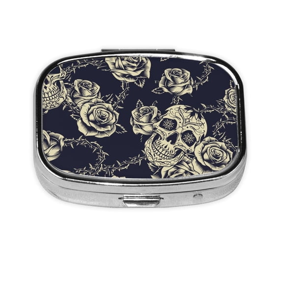 Black Skull Roses Cool Square Pill Box 2 Compartment Pill Case Medicine Organizer Decorative Gift for Purse Pocket