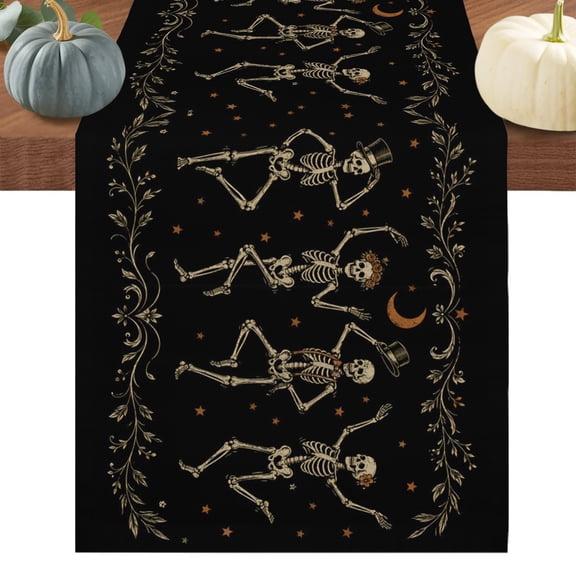 Black Skull Short Table Runner 36 Inches Long, Dancing Skeletons Floral Botanical Cotton Linen Table Runners Dresser Scarves, Fabric Tabletop Scarf Furniture Cover for Home Dinner Party Decor 13"x36"