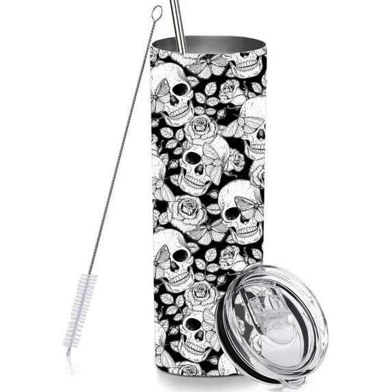Black Skull Skinny Tumbler Cup with Straw Lid, 20 OZ Floral Calavera Insulated Vacuum Halloween Slim Travel Coffee Mug for Skull Lover