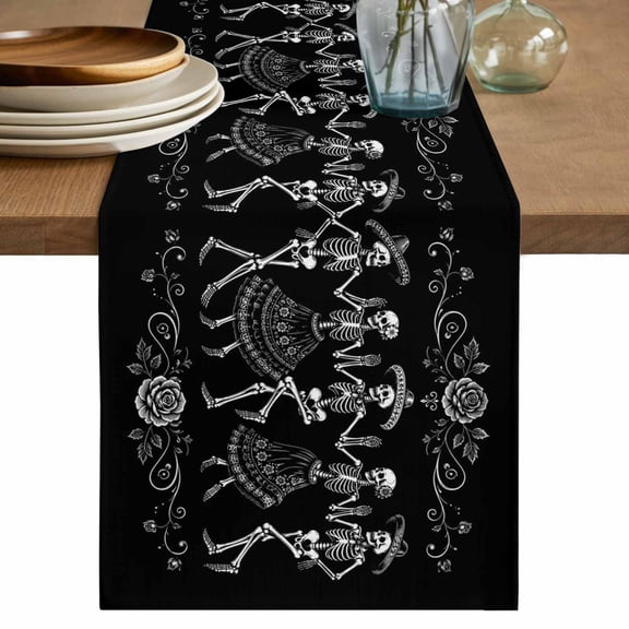 Black Skull Table Runner, Dancing Skeletons Black White Washable Cotton Linen Table Runners 36 Inches Long, Dresser Scarf Runner for Nightstand/End Tables/Round Tables 13''x36''