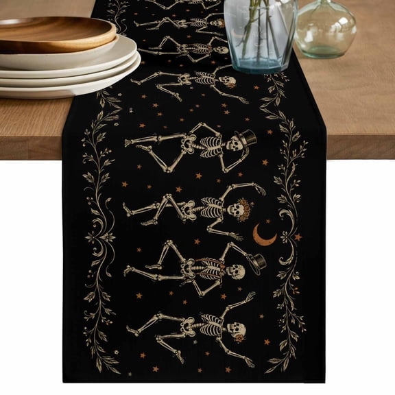 Black Skull Table Runner, Dancing Skeletons Floral Botanical Washable Cotton Linen Table Runners 36 Inches Long, Dresser Scarf Runner for Nightstand/End Tables/Round Tables 13''x36''