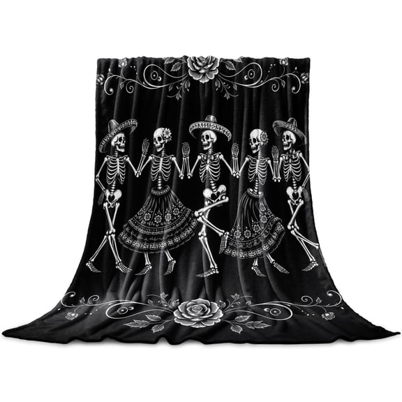 Black Skull Throw Blanket for Couch, Soft Lightweight Flannel Fleece Blanket, Dancing Skeletons Black White Microfiber Plush All Season Decorative Blankets Gifts for Sofa Office Lap 30"x40"