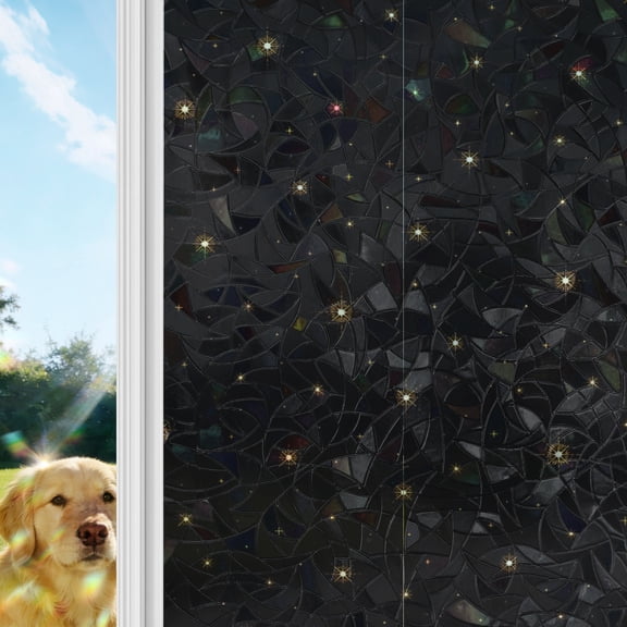 Black Sky Rainbow Window Privacy Film, Modern Minimalist Watercolor Gold Star Dots Night Stained Glass Window Film, Sun Blocking Glass Clings Non Adhesive Door Stickers 17.7 x 78.7 Inches
