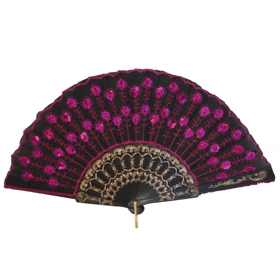 Black Slab Fabric Hand Fan with Peacock Pattern Sequin Style-Hot Pink