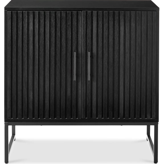 Black Slatted Wood Sideboard Cabinet With Matte Black Metal Legs And Handles