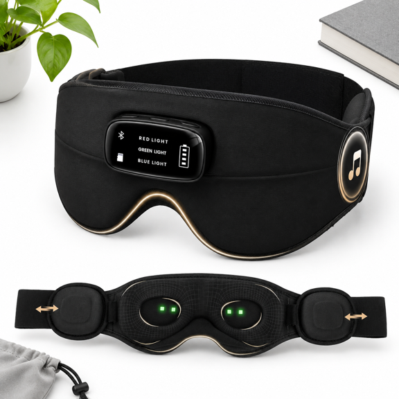 Black Sleep Mask With White Noise, 3 Lights, Headphones, 3D Zero-Design For Side Sleepers