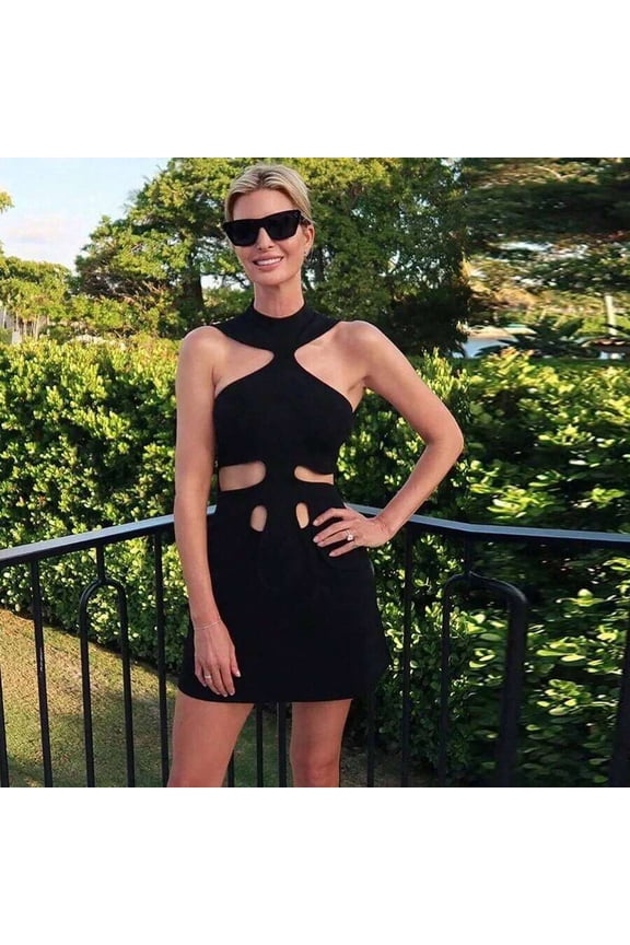 Black Sleeveless Cutout Bodycon Mini Dress With High Neck And Side Slits