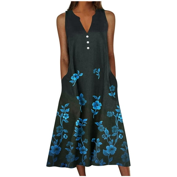 Black Sleeveless for Juniors Summer Fall V Neck Floral Print Maxi Long Loose Fit Beach Lounge Hawaiian Tropical Dresses Sundresses Women Button Up 2025 Clothes Trendy S
