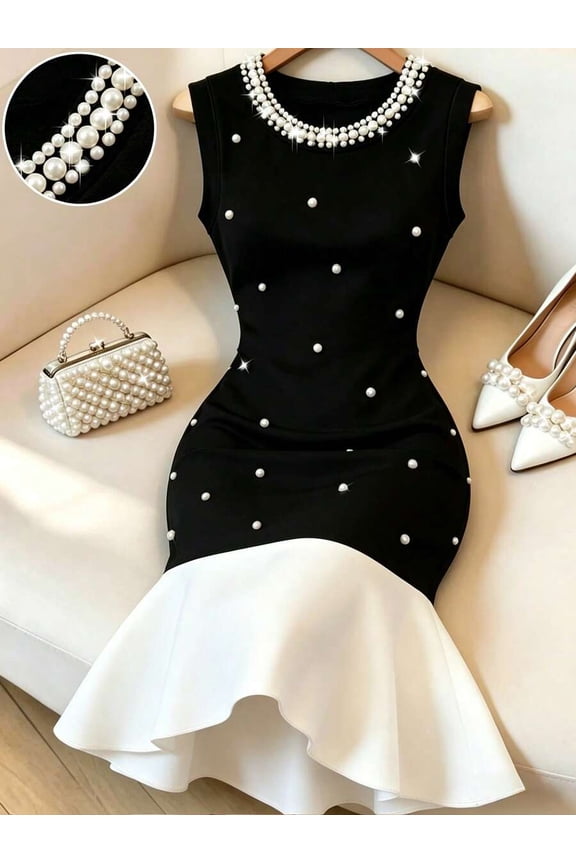 Black Sleeveless Pearl-Embellished Mermaid Mini Dress With Flared Hem