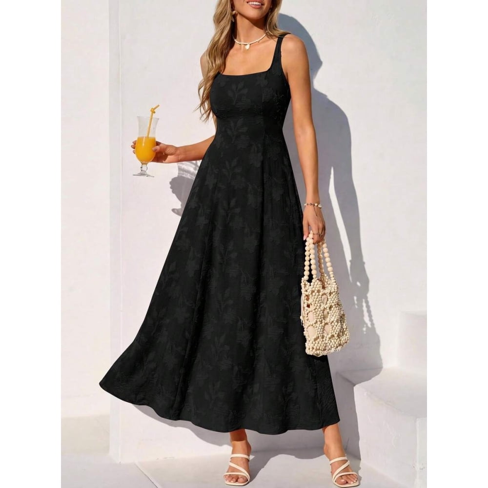 Black Sleeveless Square Neck Embroidered Floral A-Line Maxi Dress For ...