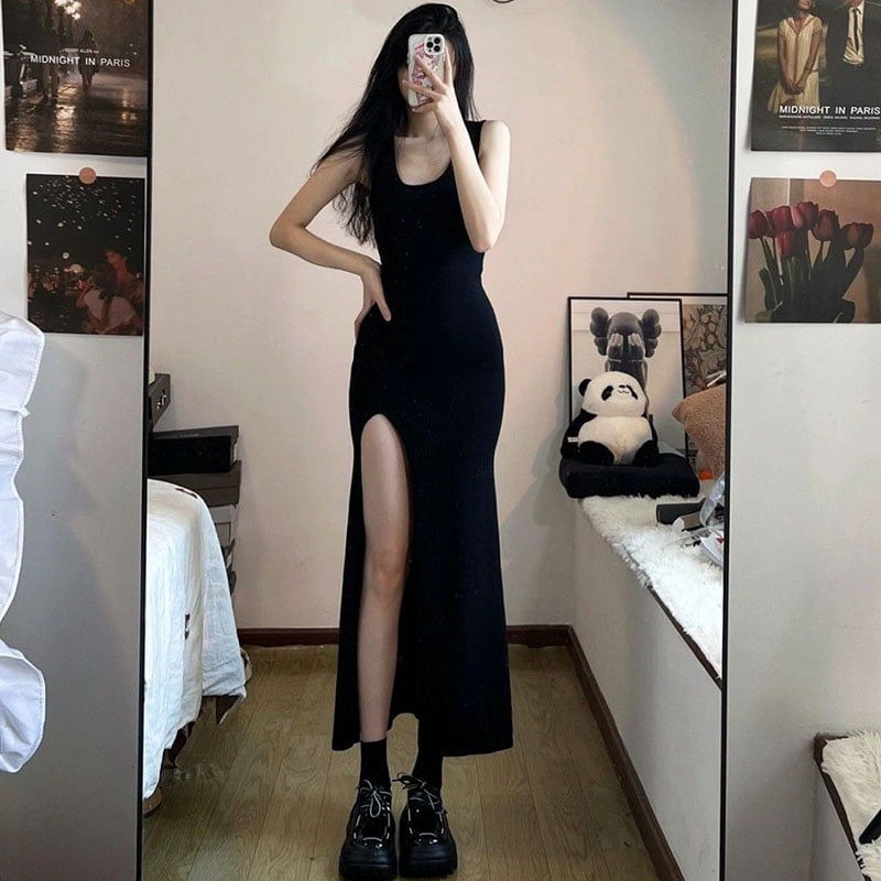 Black Sleeveless Strap Dress Women Sexy Slim Fit Side Slit Irregular Maxi  Dress woman Summer Korean Simple One piece Dresses - Walmart.com