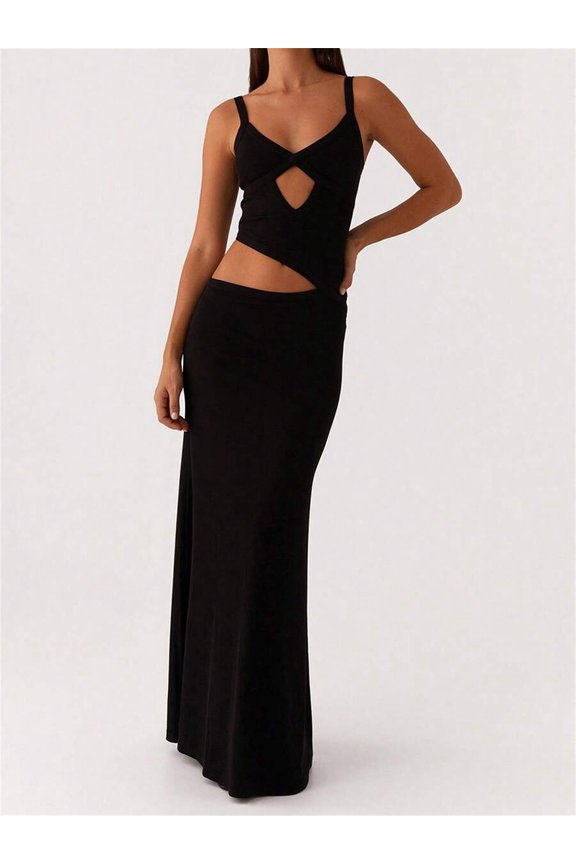 Black Sleeveless V-Neck Cut-Out Bodycon Slip Dress Backless Maxi Party Cocktail Long Dress