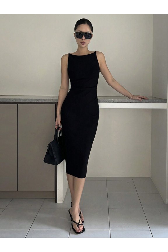 Black Slim Fit Sleeveless Sheath Midi Dress With Waist Cinching Elegant Cocktail Dress