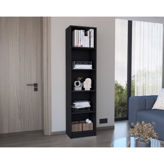 Black Slim Home Xs 5 Bookcase For Office - Efficiently Organizes Books, Plants, Photos, And Decorative Pieces Efficient Space Arrangement Displaying Items