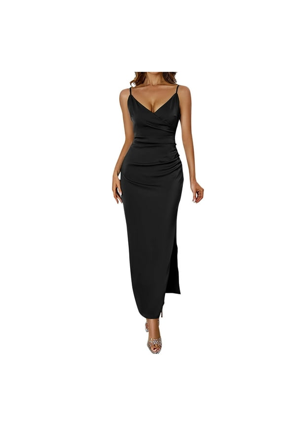 Black Slim Tunic Dresses for Ladies Fall Summer Spaghetti Strap Vneck Backless Faux Silk Long Going Out Slit Plain Dresses Womens Zip Up 2026 Clothing M