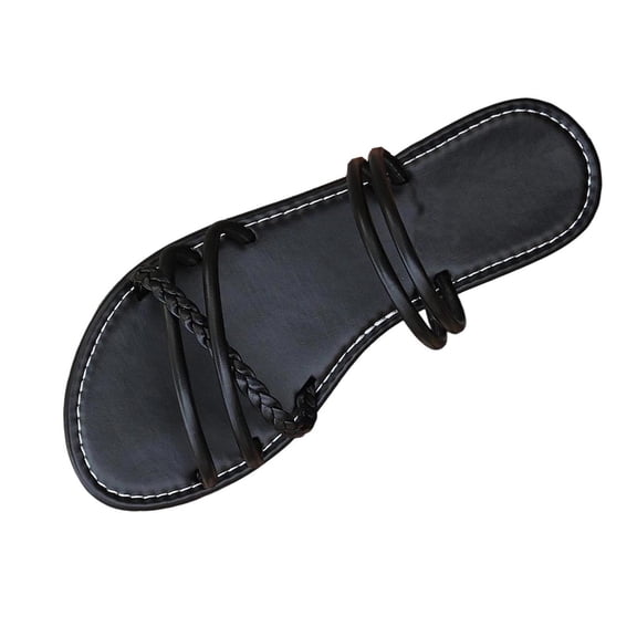 Black Slippers For Ladies Woven Straps Open-Toe Lightweight Flat Bohemian Style Solid Color Soft Sole Comfortable Casual Summer Wear Size 40