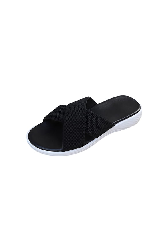 Black Slippers For Women Woven Cross-Strap Round-Toe Open-Toe Chunky Sole Flats Slip On Style Spring And Summer Casual Walking Shoes Size 36