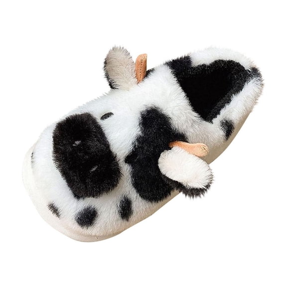 Black Slippers For Women And Men Soft Velour Lining Fully Enclosed Design Cute Spotted Cowhide Pattern Slip On Style Winter Casual Warm Slippers Size 44