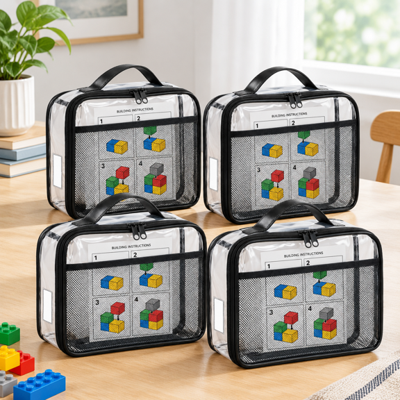 Black Small 4-Pack Zippered PVC Building Bricks Storage Bags