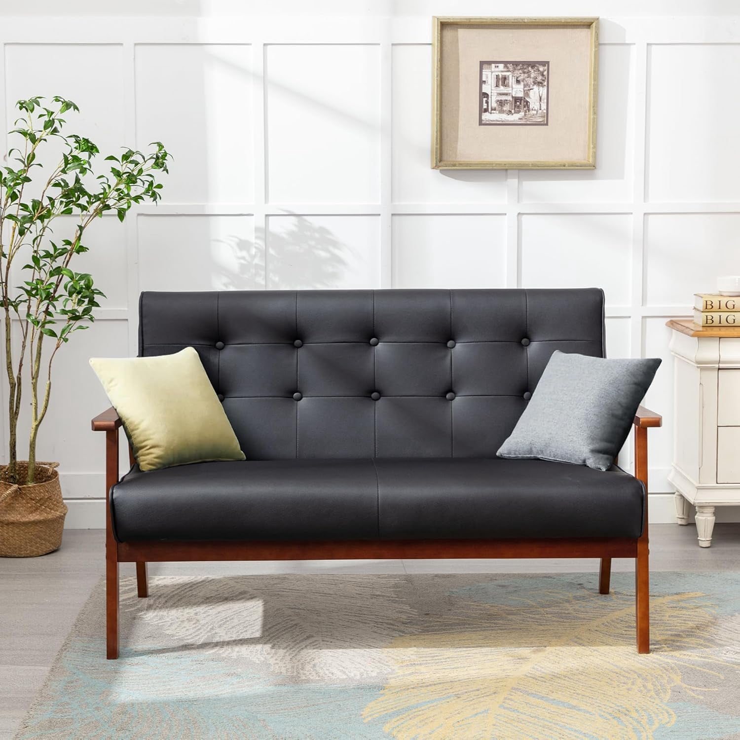 Black Small Leather Couch for Office, Booth Seating 2 Person Waiting ...