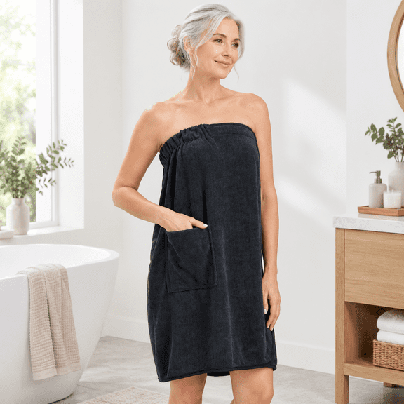 Black Small-Medium Terry Cloth Bath Body Wrap Towel Adjustable Spa Robe