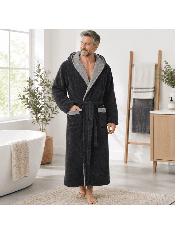 Black Small Men's Soft Fleece Plush Warm Hooded Heavy Cozy House Coat Robe